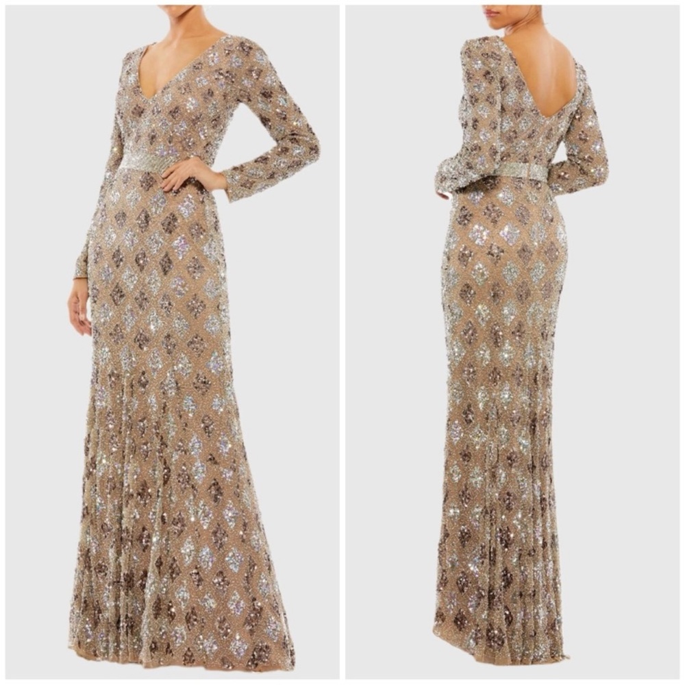 NWT Mac Duggal Mocha Brown Geometric Embellished Evening Gown Sequin 5021 Sz 10 - Picture 2 of 5